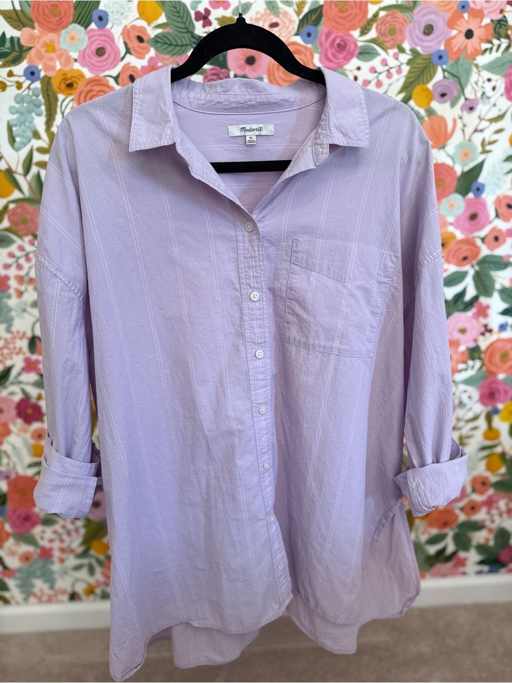 Madewell Oversized Poplin Stripe Button Down Shirt XL Lavender Swim Coverup